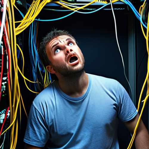 Home 19 **A network engineer looking frustrated at a tangled mess of network cables, symbolizing the chaos of poorly configured routing protocols. Dramatic lighting.** (This captures the "desastre" scenario)