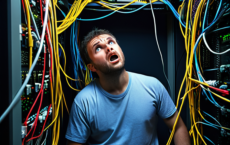 **A network engineer looking frustrated at a tangled mess of network cables, symbolizing the chaos of poorly configured routing protocols. Dramatic lighting.** (This captures the "desastre" scenario)