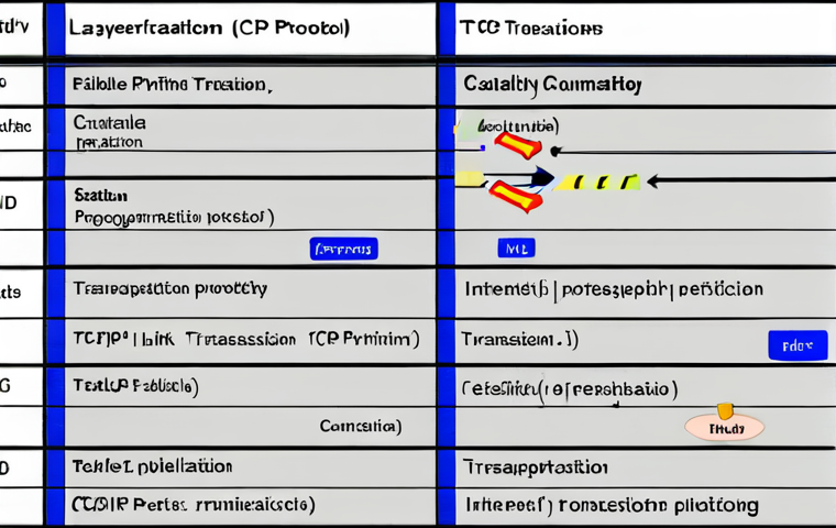 **TCP/IP Network Visualization:** A detailed diagram illustrating the TCP/IP protocol layers (link, internet, transport, application) with data packets flowing between them, emphasizing the reliable transmission process. The visual style should be clean and modern, suitable for educational purposes, showcasing efficiency.