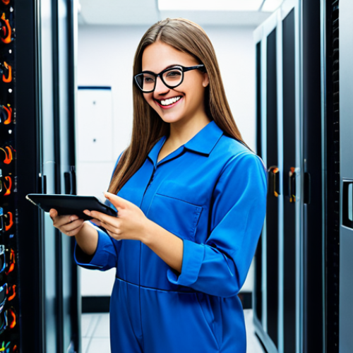 Home 8 **
A cheerful engineer in a fully clothed, professional setting. She is wearing a vibrant, modest jumpsuit and safety glasses, working on a complex server rack in a brightly lit data center. Proper finger count, perfect anatomy, and natural pose. Safe for work and appropriate content.
**