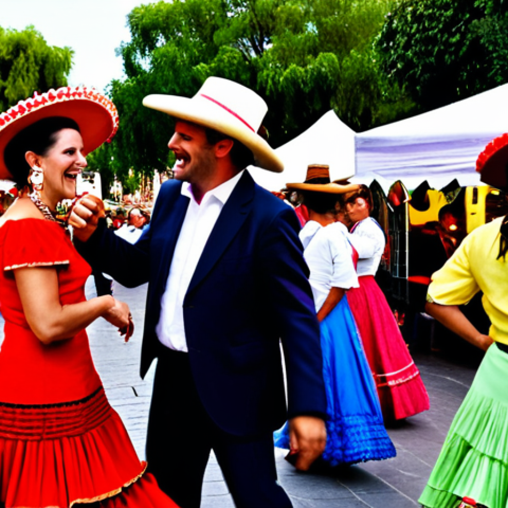 ** A vibrant and bustling plaza in Seville, Spain during the Feria de Abril.  Women in traditional flamenco dresses (trajes de flamenca), fully clothed, are dancing and laughing.  Men in traditional Cordoban hats and suits are enjoying tapas and sherry.  The scene is filled with colorful lanterns (farolillos) and lively music.  Focus on capturing the joyful atmosphere and the cultural richness of the event. Safe for work, appropriate content, family-friendly.

**