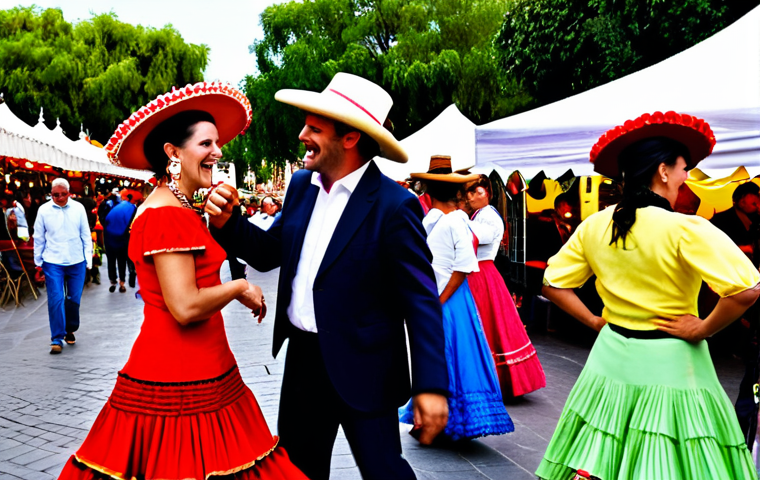 ** A vibrant and bustling plaza in Seville, Spain during the Feria de Abril.  Women in traditional flamenco dresses (trajes de flamenca), fully clothed, are dancing and laughing.  Men in traditional Cordoban hats and suits are enjoying tapas and sherry.  The scene is filled with colorful lanterns (farolillos) and lively music.  Focus on capturing the joyful atmosphere and the cultural richness of the event. Safe for work, appropriate content, family-friendly.

**