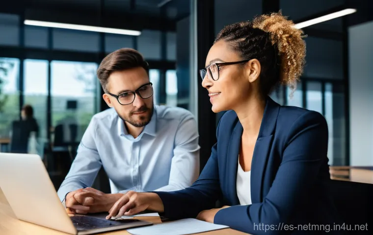 네트워크 관리자 협회 및 커뮤니티 소개 - **Prompt:** A diverse group of four network administrators, two men and two women of varying ages an...