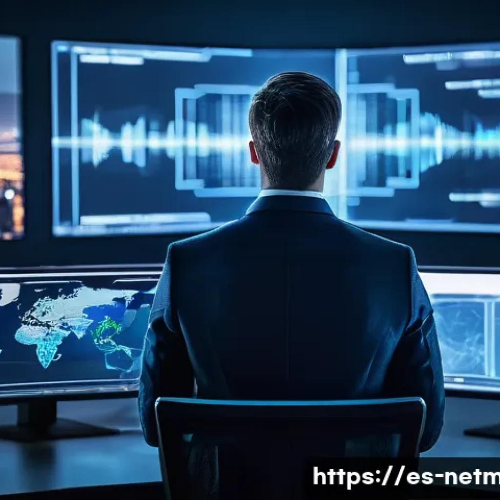 네트워크 관리자 역할 확장 방안 - A modern network administrator in a sleek, high-tech control room filled with multiple large digital...