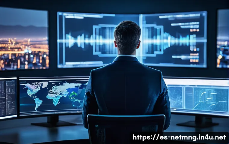 네트워크 관리자 역할 확장 방안 - A modern network administrator in a sleek, high-tech control room filled with multiple large digital...