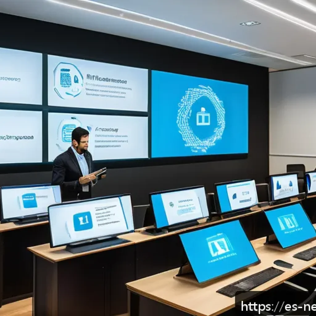사내 네트워크 정책 준수 가이드 - A modern corporate office environment featuring diverse professionals engaged in cybersecurity train...