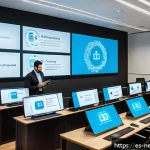 사내 네트워크 정책 준수 가이드 - A modern corporate office environment featuring diverse professionals engaged in cybersecurity train...