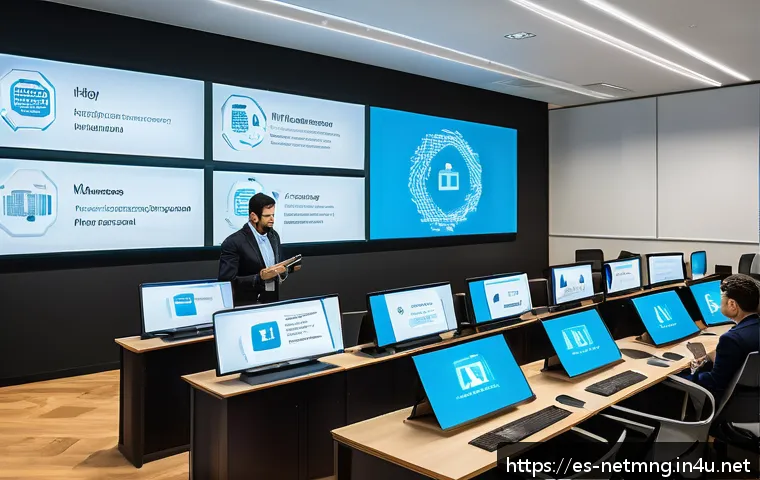 사내 네트워크 정책 준수 가이드 - A modern corporate office environment featuring diverse professionals engaged in cybersecurity train...