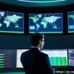 네트워크 모니터링 툴 비교 - A modern IT professional monitoring a complex network system in a sleek, high-tech control room fill...