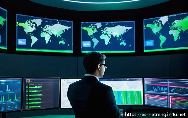 네트워크 모니터링 툴 비교 - A modern IT professional monitoring a complex network system in a sleek, high-tech control room fill...