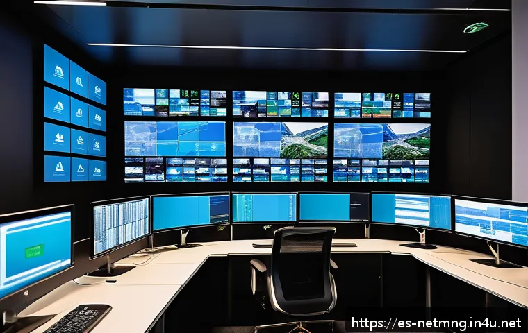 네트워크 시험장에서 자주 묻는 질문 - A detailed and realistic illustration of a modern network operations center (NOC) in a corporate env...