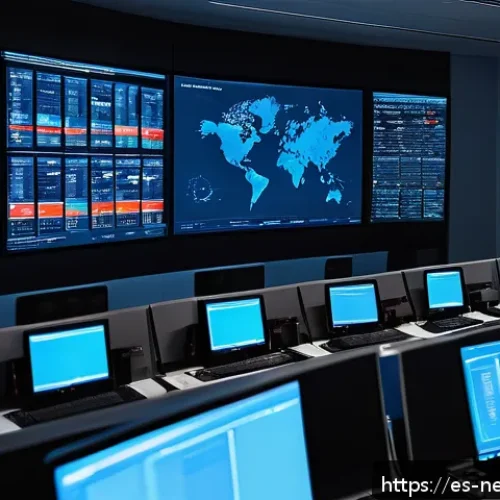 네트워크 관리자 업무 효율화 팁 - A modern network operations center with multiple large digital dashboards displaying real-time data,...