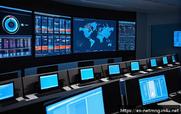 네트워크 관리자 업무 효율화 팁 - A modern network operations center with multiple large digital dashboards displaying real-time data,...