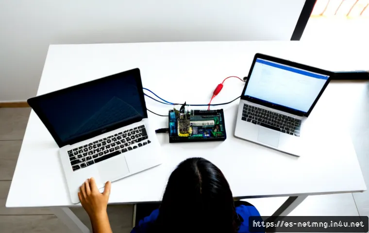 네트워크 설계 도구 추천 - Photorealistic overhead view of a Spanish-speaking IT consultant at a clean modern desk, arranging b...